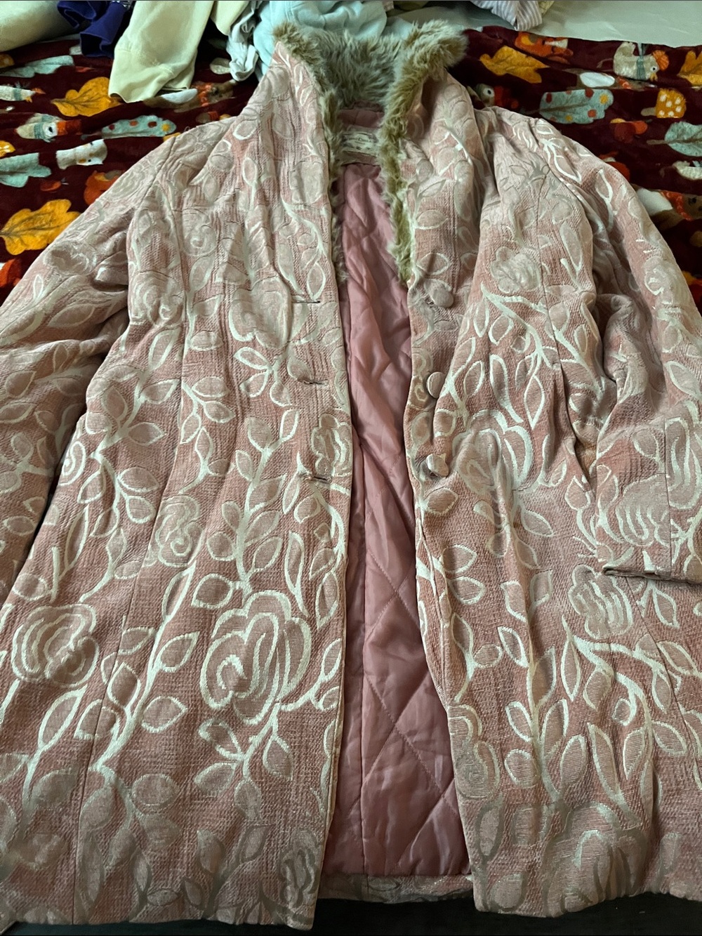 Big Chill Pink Floral Quilted Pea Coat with Faux Fur Trim